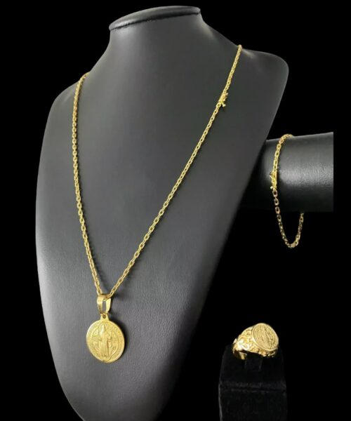 Cordão + Pulseira 2mm & Anel São Bento Banhado A Ouro