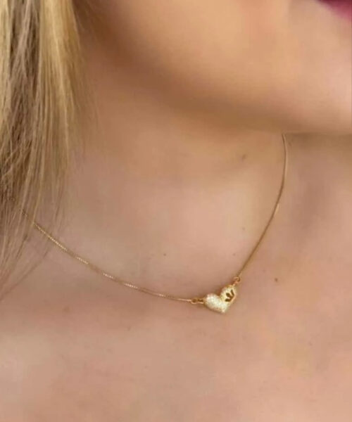 Cordão Feminino Banhado A Ouro 18k Pingente Coração Coroa
