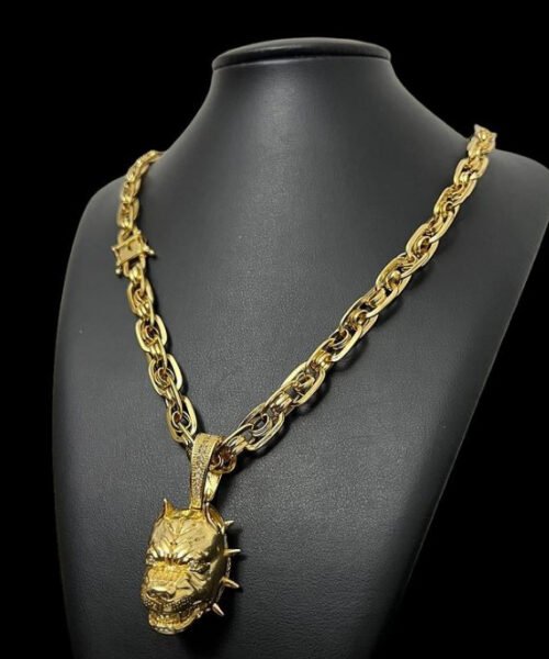 Cordão Imperador 10mm + Pingente Pitbull - Banhado a ouro 18k
