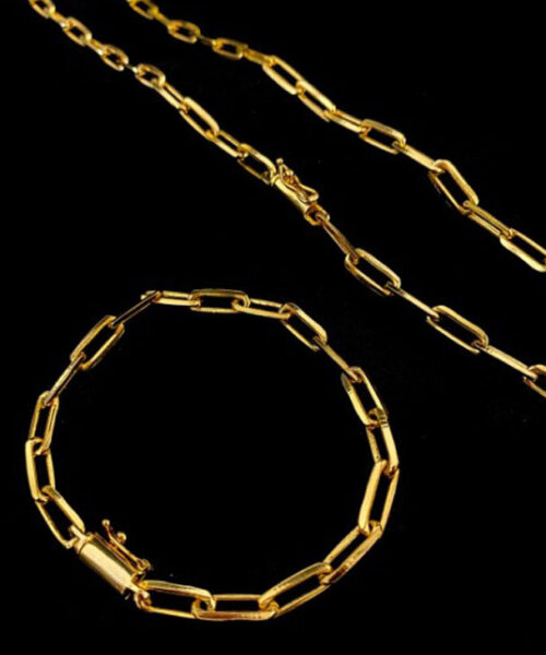 Corrente + Pulseira Cadeado Alongado 6mm - Banhado a Ouro 18k