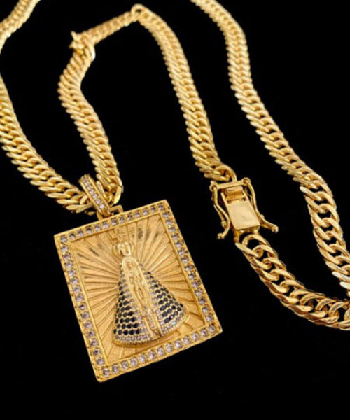 Corrente Grumet 10mm - Pingente Nossa Senhora - Banhados a Ouro 18k