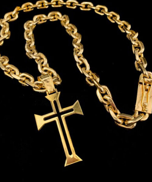 Corrente Cadeado 10mm + Pingente Crucifixo Vazado - Banhado a Ouro 18k