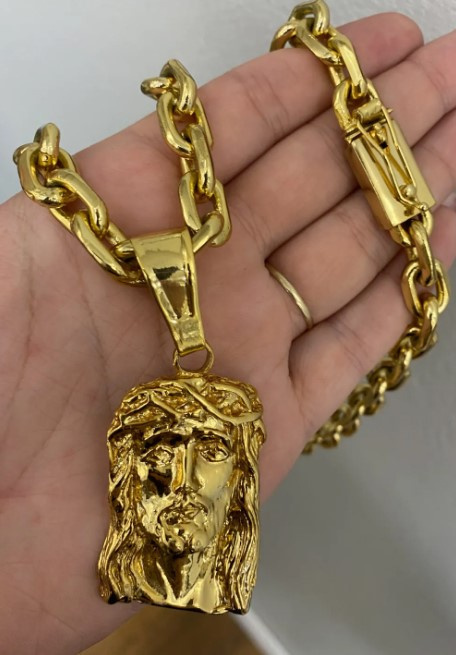 15146550058 Corrente20Cadeado2010Mm20Com20Pingente20Face20De20Cristo20G20Banhado20A20Ouro2018Ks
