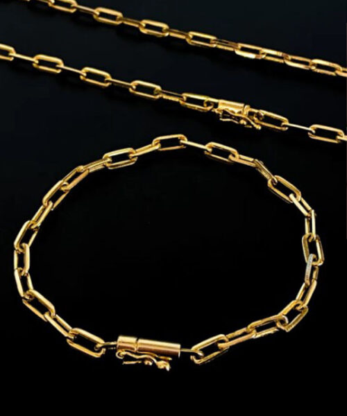 Corrente + Pulseira Cadeado Alongado 5mm - Banhado a Ouro 18k