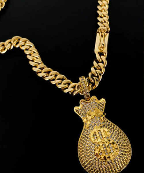 Corrente Grumet 10mm + Pingente Malote Cravejado - Banhado a Ouro 18k
