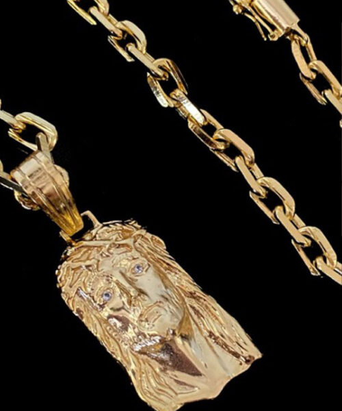 Corrente Cadeado 6mm Pingente Face de Cristo Banhado a Ouro