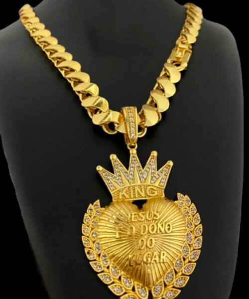 Cordão Friso S 13mm + Pingente Coroa Jesus - Banhado a ouro 18k