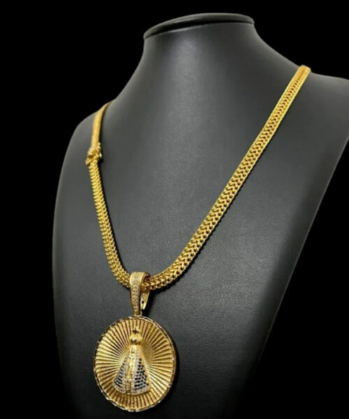 Cordão + Pulseira 8mm + Pingente Nossa Sra - Banhado A Ouro