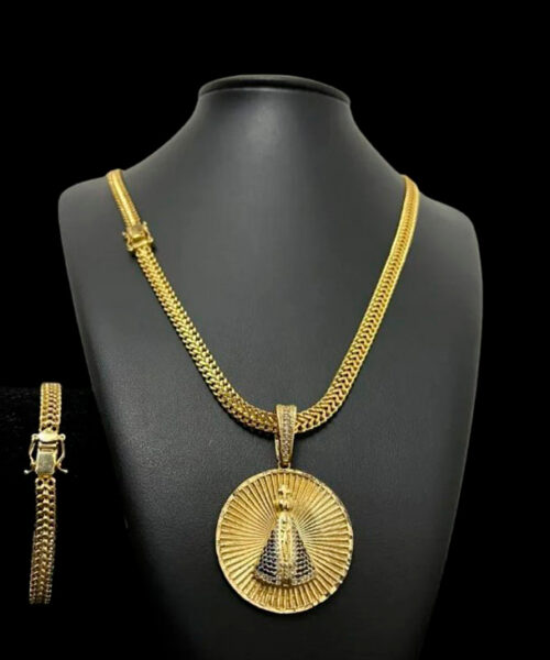 Cordão 8mm Lacraia Pulseira + Pingente Nossa Sra - Banhado a ouro 18k