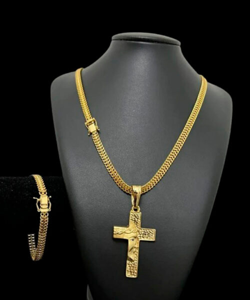 Cordão 8mm Lacraia + Pulseira + Pingente Cruz - Banhado a ouro 18k