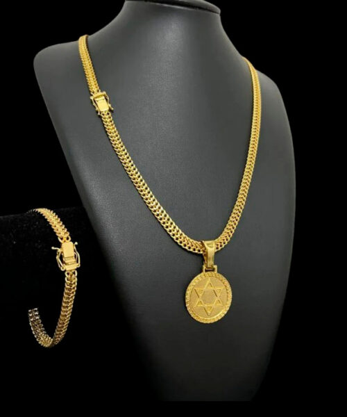 Cordão 8mm Lacraia + Pulseira + Pingente Davi - Banhado a ouro 18k