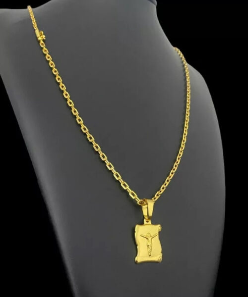Cordão Cadeado 3mm + Pingente Jesus Pergaminho - Banhado a Ouro 18k
