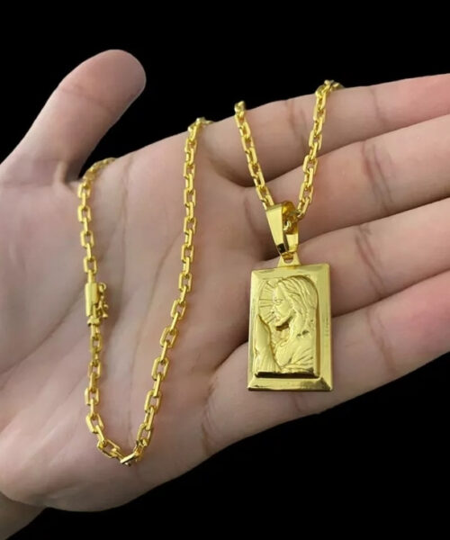 Cordão Cadeado 3mm + Pingente Jesus 3d Placa - Banhado a Ouro 18k