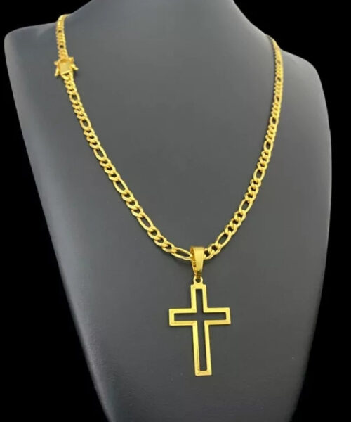 Cordão 3x1 5mm + Pingente Cruz Vazado - Banhado a Ouro 18k