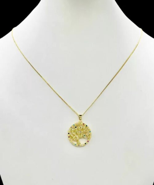 Cordão Feminino 1mm Árvore Colorida - Banhado a Ouro 18k