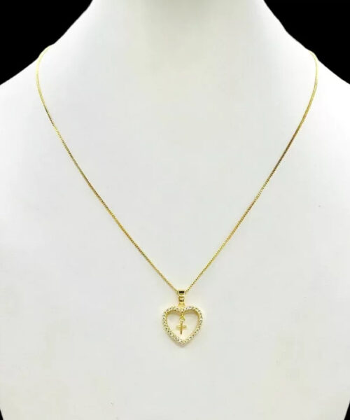 Cordão Feminino 1mm Coração Cruz - Banhado a Ouro 18k