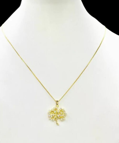 Cordão Feminino 1mm Árvore Pedras Brilhantes Banhado a Ouro
