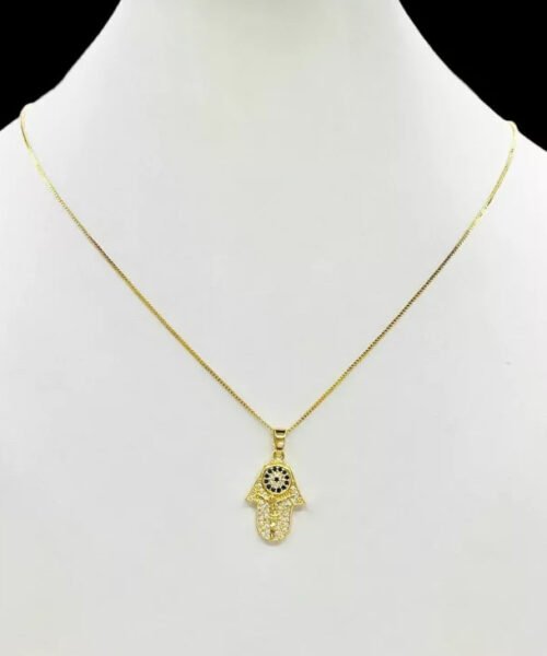 Cordão Feminino 1mm Hamsá Mão de Fátima - Banhado a Ouro 18k