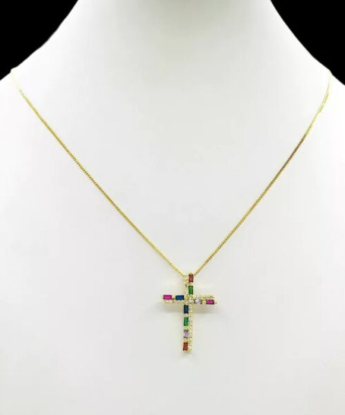 Cordão Feminino 1mm Cruz Colorida - Banhado a Ouro 18k