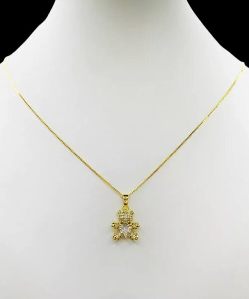 Cordão Feminino 1mm Ursinho Cravejado Coração Banhado a Ouro