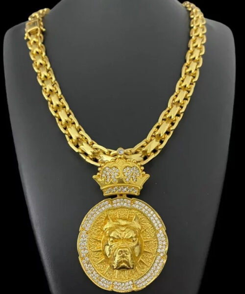 Cordão Cadeado Duplo 13mm + Pingente Pitbull Banhado a Ouro