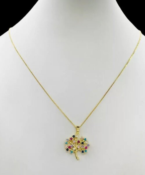 Cordão Feminino 1mm Árvore da Vida Colorida - Banhado a Ouro