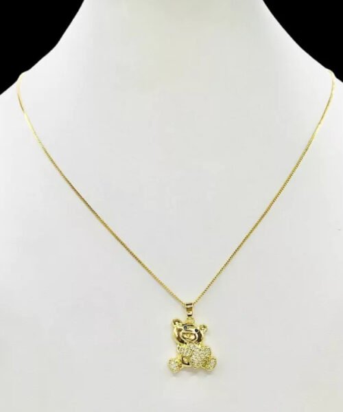 Cordão 1mm Feminino Urso Abraçando Coração - Banhado a Ouro