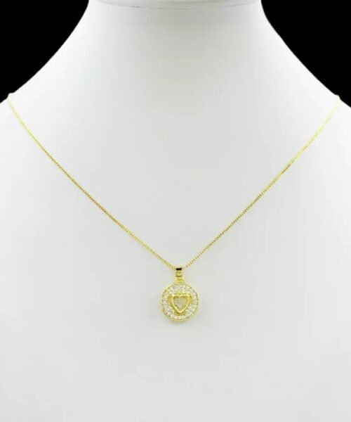 Cordão Feminino 1mm Coração Redondo Cravejado Banhado a Ouro