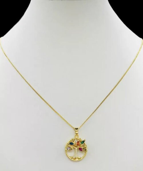 Cordão Feminino 1mm Árvore da Vida Colorido - Banhado a Ouro