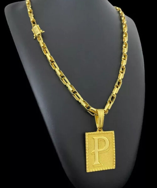 Cordão Tijolinho Trançado 6mm + Pingente Letra - Banhado A Ouro