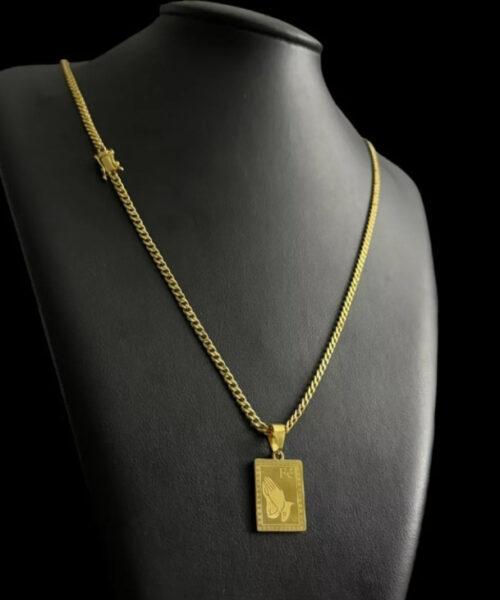 Cordão Pitbull 3mm + Pingente Fé Mão Orando - Banhado Ouro 18k