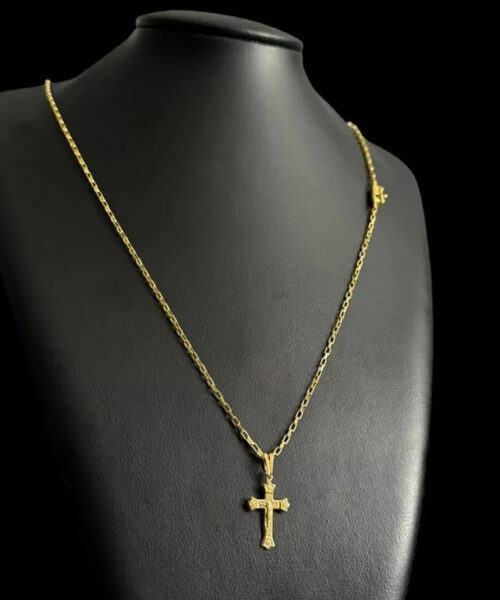 Cordão Tijolinho 1mm + Pingente Cruz - Banhado a Ouro 18k