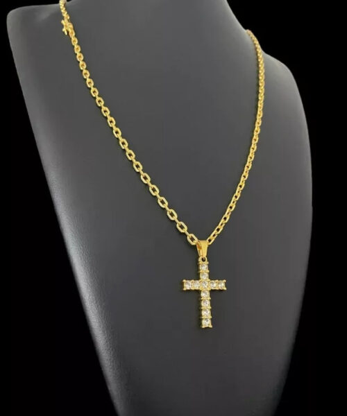 Cordão Cadeado 3mm + Pingente Cruz Cravejada - Banhado a Ouro