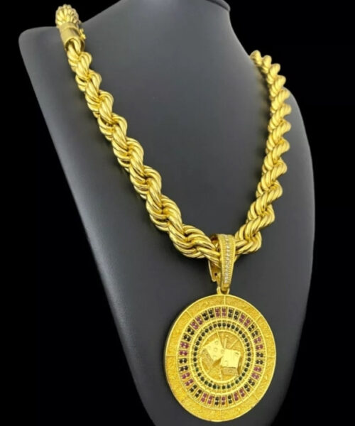 Cordão Baiano 13mm + Pingente Roleta Cassino Banhado A Ouro