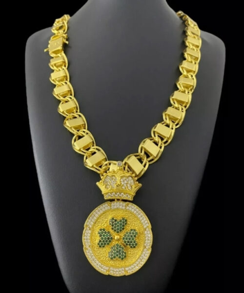 Cordão Dubai 17mm + Pingente Trevo Da Sorte Banhado Ouro 18k