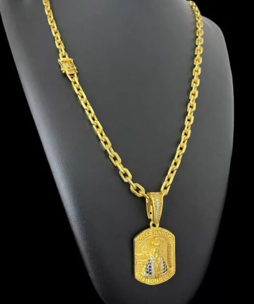 Cordão Cadeado 6mm Fecho + Pingente N Sra Banhado A Ouro 18k