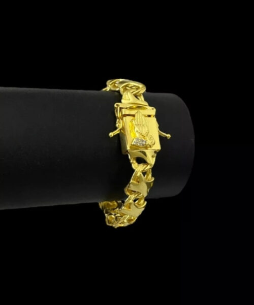 Pulseira Friso X 13mm Fecho Mão Orando Banhado A Ouro 18k