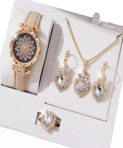 Kit Feminino Pedra Cravejada + Relógio Rose Banhado a Ouro