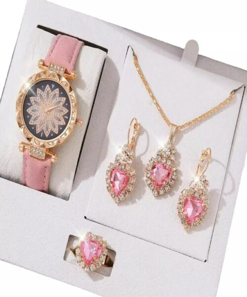 Kit Feminino Pedra Cravejada + Relógio Rosa Banhado a Ouro