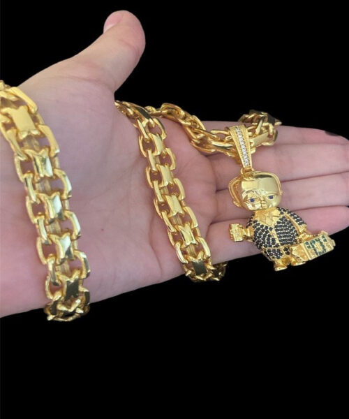 Cordão Cadeado Duplo 13mm + Pingente Chefinho - Banhado A Ouro