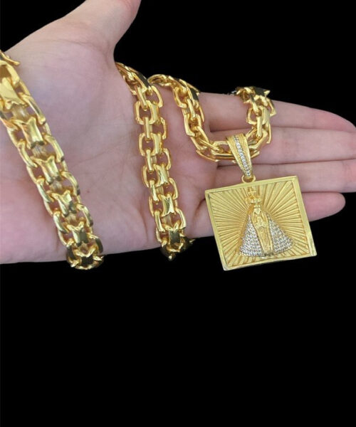 Cordão Cadeado Duplo 13mm + Pingente Nossa Senhora - Banhado A Ouro