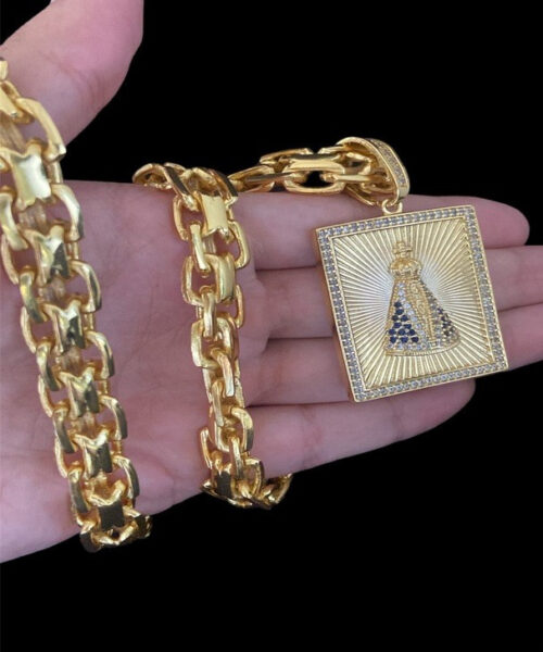 Cordão Cadeado Duplo 13mm + Pingente Nossa Senhora - Banhado A Ouro