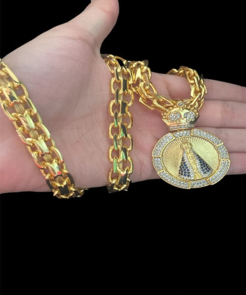 Cordão Cadeado Duplo 13mm + Pingente Nossa Senhora - Banhado A Ouro