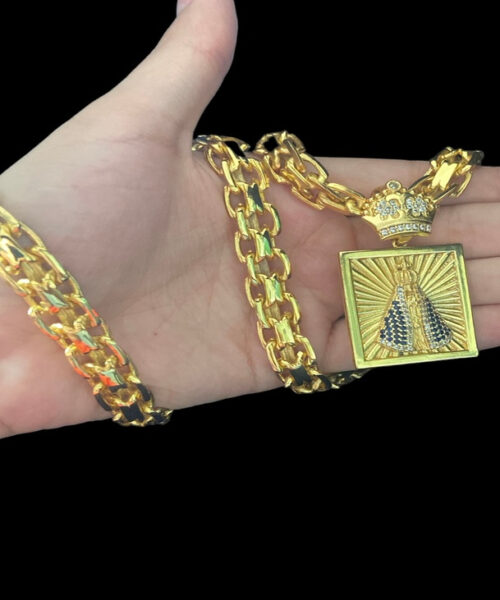 Cordão Cadeado Duplo 13mm + Pingente Nossa Senhora - Banhado A Ouro