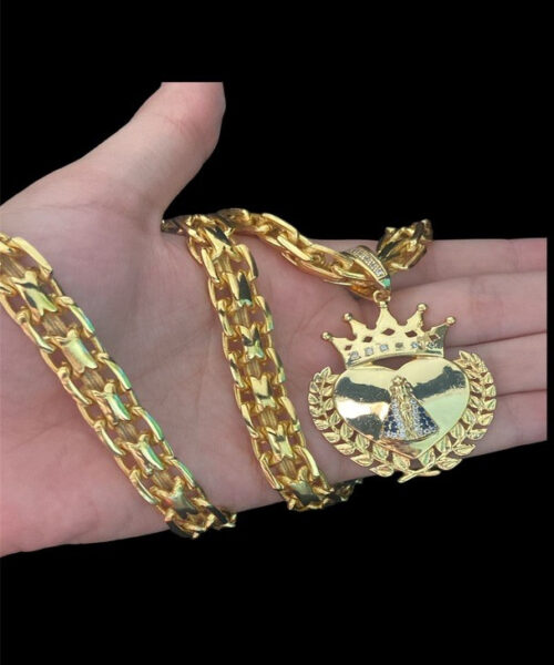 Cordão Cadeado Duplo 13mm + Pingente Nossa Senhora Coroa - Banhado A Ouro