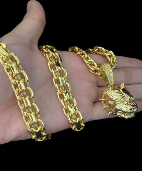 Cordão Cadeado Duplo 13mm + Pingente Pitbull - Banhado A Ouro