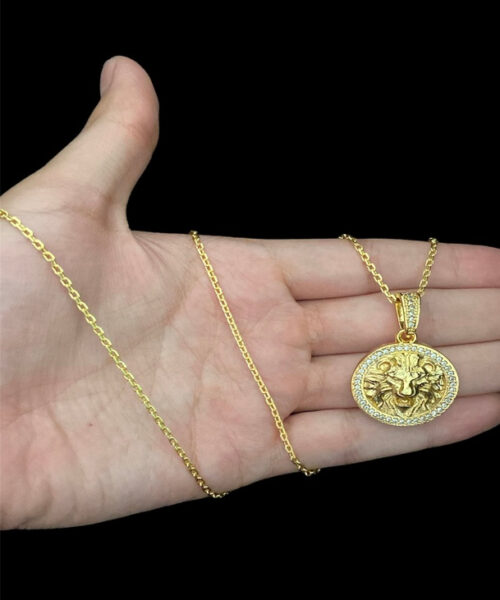 Cordão Cadeado 1mm + Pingente Leão Redondo - Banhado A Ouro