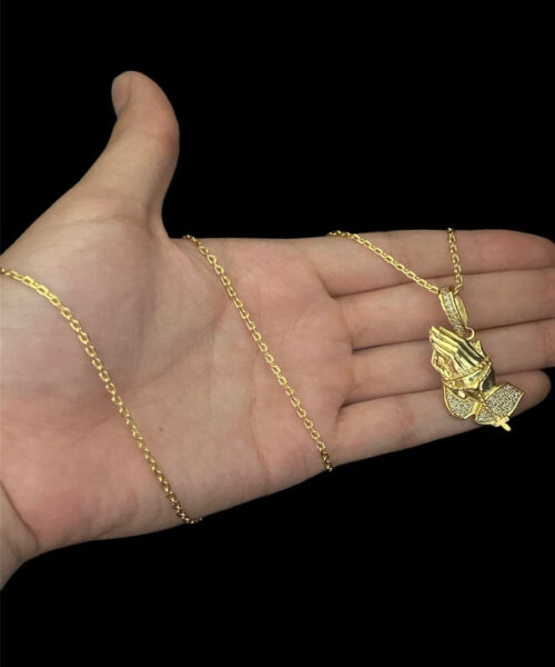 Cordão Cadeado 1mm + Pingente Fé Mão - Banhado A Ouro