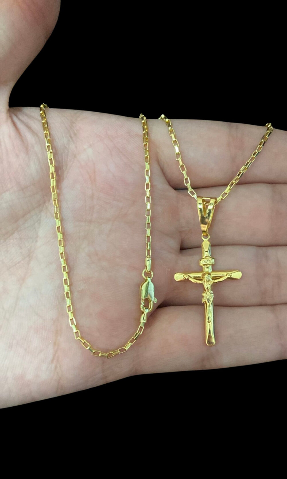 Cordão Tijolinho 1Mm + Pingente Cruz Jesus - Banhado A Ouro