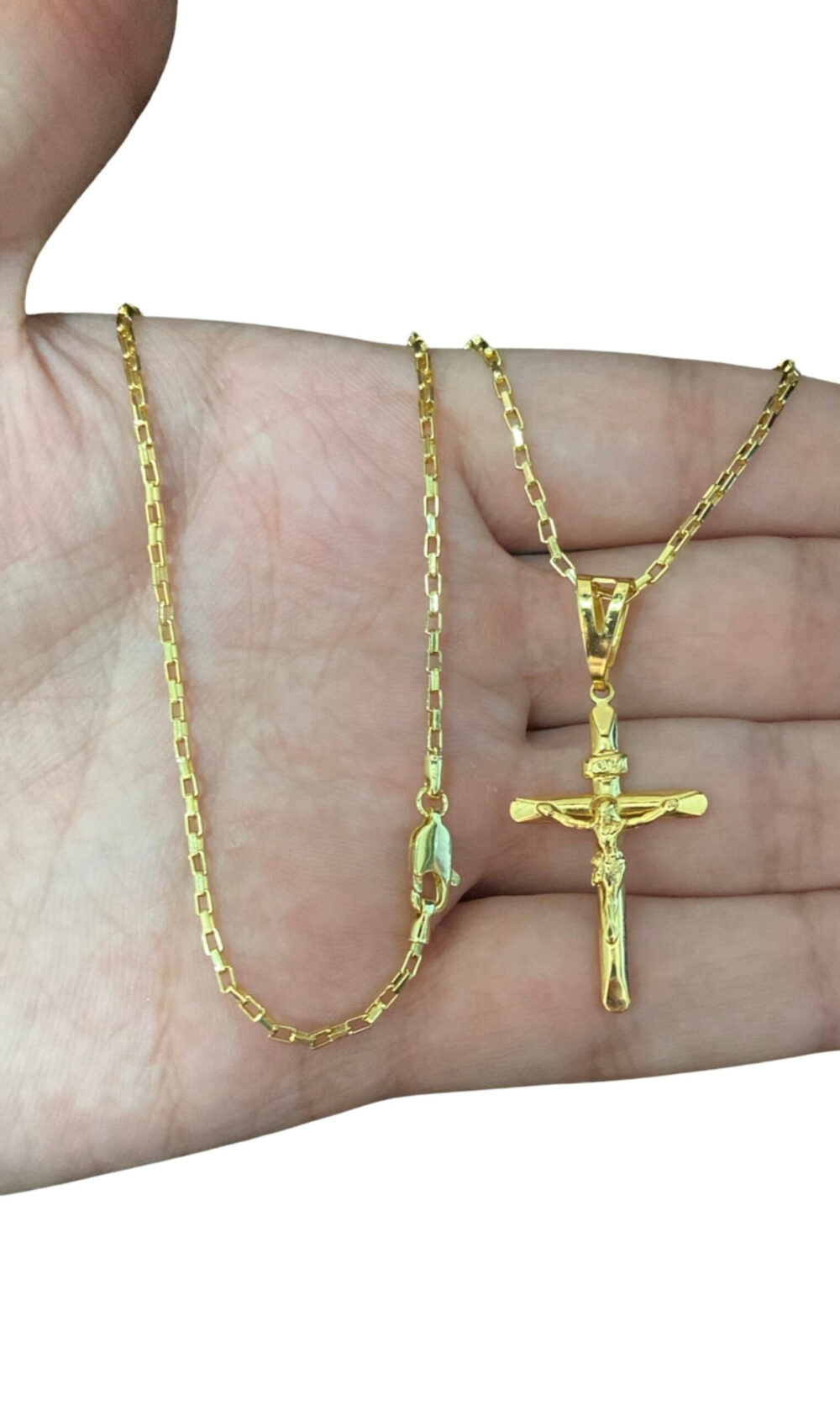 Cordão Tijolinho 1Mm + Pingente Cruz Jesus - Banhado A Ouro - Imagem 4